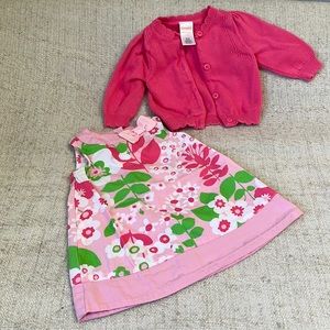 Gymboree 0-3 month pink, white, & green floral tank dress w/ matching cardigan